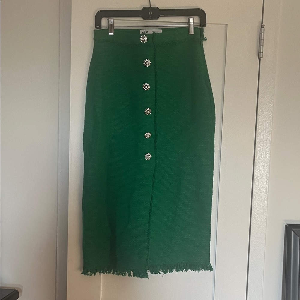 Zara Green Midi Skirt with Embellished Buttons
